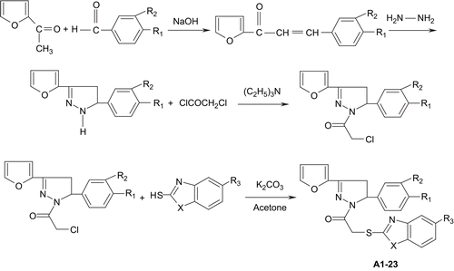 Scheme 1.  General synthesis reaction (see Table 1 for A1–23, R1, R2, R3, X details).