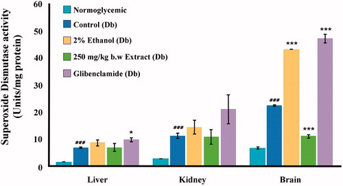 Figure 6. Superoxide dismutase (SOD) activity in various tissues of normoglycemic, diabetic, 2% ethanol-treated, extract-treated, and glibenclamide-treated diabetic mice compared against their respective controls: diabetic versus normoglycemic, values are expressed as mean ± SEM (#p < 0.05, ##p < 0.01, ###p < 0.001); 2% ethanol-treated, extract-treated, and glibenclamide-treated diabetic versus the diabetic control group, values are expressed as mean ± SEM (*p < 0.05, **p < 0.01, ***p < 0.001).