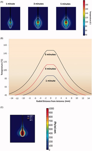 Figure 1. (A) Model of temperature profiles during microwave ablations in liver tissue at various time points. The ablation zone temperature boundary grows more in the first 3 min, compared to the last 2 min. (B) Temperature elevation through the transverse cross section of ablation zone at various time points. Microwave ablation zones can reach temperatures as high as 150 °C. (C) SAR mapping of a microwave ablation zone along with corresponding temperature isotherms at 5 min.