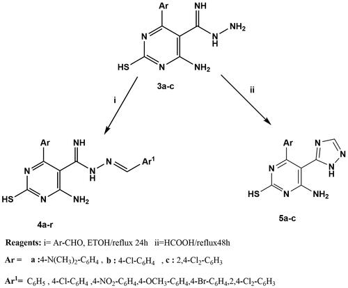 Scheme 2. Synthesis of novel hydrazone derivatives (4a-r) and triazole derivatives (5a-c).