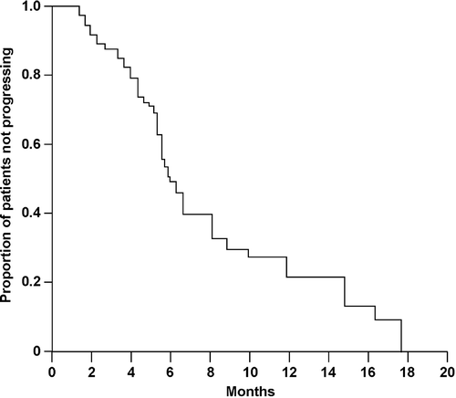 Figure 1.  Time to progression (TTP) in patients with metastatic gastric cancer treated with the combination of cisplatin, epirubicin, tegafur–uracil, and leucovorin (PELUF). TTP was analyzed according to the Kaplan-Meier method and was updated to August 30, 2005.