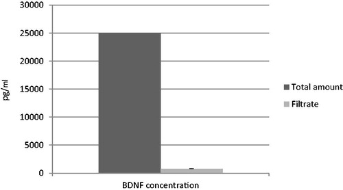 Figure 1. BDNF concentration. The efficiency of BDNF adsorption on nanoparticles was measured after particle separation by filtration through a membrane filter (220 nm). Initial concentration was 25 μg/ml.
