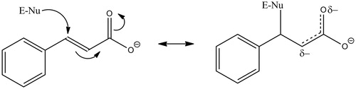 Figure 6. Proposed mechanism for the cinnamate-mediated inactivation of PHM. E-Nu represents an active site nucleophile, possibilities include Lys-134, Glu-313, Tyr-318 Met-109 or Met-314.