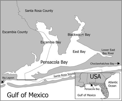 Figure 1. The Pensacola Bay System (PBS; arrow on the inset map) as described for the HSI analysis. The study area is the PBS as designated by the area North of the thick black line on the main figure at the mouth of the system.