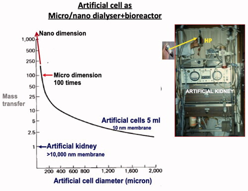Figure 6. Left: Theoretical mass transfer of 5ml 0.01 um membrane thickness artificial cells with different diameters. This is compared an artificial kidney machine with a mass transfer of 1. Upper middle: Thus, artificial cells containing bioactive material can become efficient micro/nano dialyser/bioreactor. Right: 70 grams 90 micron diameter adsorbent artificial cells retained inside a small container by screens at either end. Its small size is compared to an artificial kidney. Updated from Chang [Citation9,Citation10] with copyright permission.