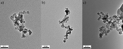 FIG. 2. TEM images of 15 nm, (a) and (b), and 50 nm, (c), mobility-selected soot aggregates.