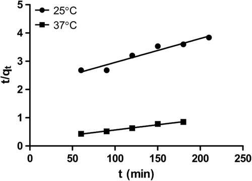 Figure 3. Pseudo-second order kinetic of gemcitabine adsorption on nanoparticles.