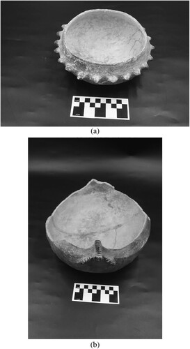 Figure 6 Two ceramic vessels recovered from White Marl: (a) Distinctive star-shaped vessel associated with a burial from Excavation Unit J2, Level 10; (b) Navicular vessel recovered from Excavation Unit K2, Level 10. Contrary to Howard’s (Citation1950) dismal view of Jamaican pre-colonial ‘cultural retardation’ and its residents ‘unimaginative and provincial’ pottery tradition, these vessels evince a rich iconographic and symbolic system encoded in clay pots. Photographs by Peter E. Siegel.Images courtesy of the Jamaica National Heritage Trust