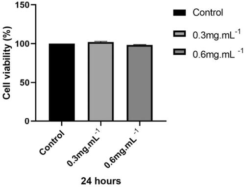 Figure 2. Cell viability of CHO-K1 cells treated with TTI assessed by the MTT assay. NC: negative control (cells in basal medium); TTI 0.3: trypsin inhibitor isolated from tamarind seeds at a concentration of 0.3 mg.mL−1; TTI 0.6: trypsin inhibitor isolated from tamarind seeds at a concentration of 0.6 mg.mL−1. Results represent the mean ± SD of three independent experiments performed in three replicates. The statistical difference was evaluated according to analysis of variance (ANOVA) and Tukey’s post-test, considering the statistical difference when p < 0.05.