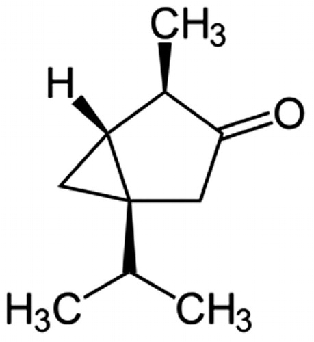 Figure 2. Chemical structure of a secondary metabolite of Artemisia arborescens “Powis Castle”, α-thujone, tested for codling moth deterrence in this study. α -Thujone exhibited weak deterrent effects, which do not explain the level of deterrent activity in A. arborescens “Powis Castle” crude extracts toward codling moth neonates, suggesting the presence of other codling moth deterrent compounds in this plant.