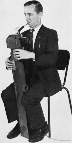 Fig. 2. Brindley playing his ‘logical bassoon’ in the late 1960s.
