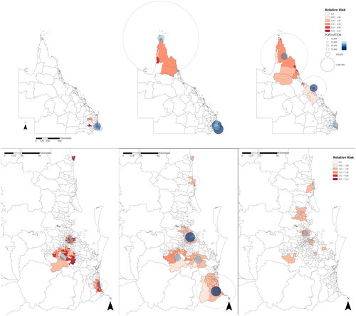Figure 7. Relative risk by SA2 with MLC by masking levels in Queensland with details for SEQ (A: phase one, B: phase 2 and C: phase 3) showing clusters by area (cluster outline) and proportional to population (blue gradient and diameter).