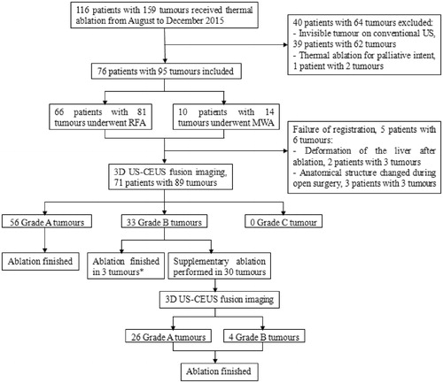 Figure 1. Flow chart of the trial. After ablation was finished, CECT or CEMRI was obtained at one month. *For the 3 Grade B tumours, additional treatment was not obtained due to the high risk to damage the surrounding vital structures (n = 1) or poor liver function reserve (n = 2).US: ultrasound; RFA: radiofrequency ablation; MWA: microwave ablation; CEUS: contrast-enhanced ultrasound.