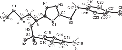 Figure 2.  The molecule of compound 5l in the crystal. Ellipsoids represent 50% probability levels.