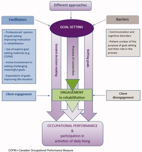 Figure 2. Model for considering factors influencing goal setting, engagement, and outcomes of rehabilitation.
