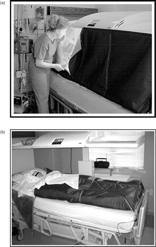 Figure 1. (a) The HT2000 infrared radiant heat device being closed. (b) HT2000 infrared radiant heat device with heating lights off, and soft tent sides folded over patient.