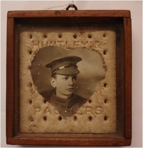 FIGURE 7. Hardtack as photo frame, created by Rifleman George Mansfield in 1917.Source: Copyright Reading Museum (Reading Borough Council). All rights reserved.