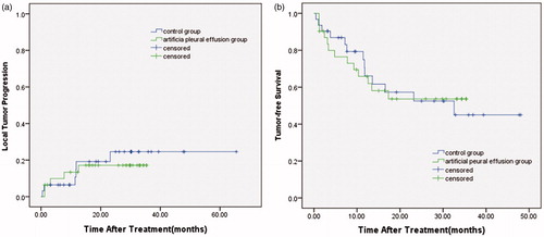 Figure 4. (a) Local tumour progression and (b) Tumour-free survival for the artificial pleural effusion group and the control group.