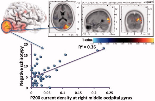 Figure 5. Correlation between negative schizotypy and right middle occipital gyrus P200 current density (MNI co-ordinates 30, –80, 15) during rejection scenes.