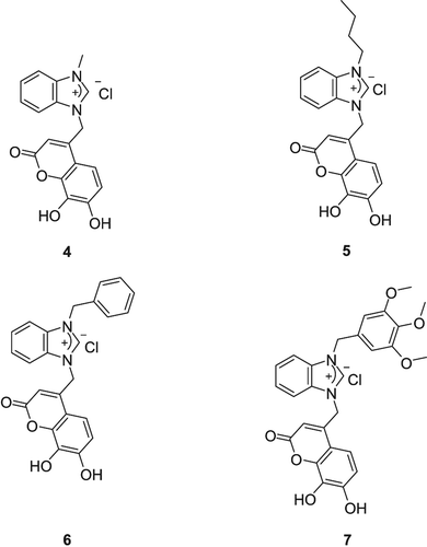Figure 1. 7,8-dihydroxy coumarin benzimidazolium salts synthesized by our group (Karatas et al. Citation2013).