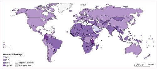 Figure 1. Estimated global rate of the rates of preterm birth in 2014. (Courtesy of Chawanpaiboon et al. Lancet 2019) [Citation4].