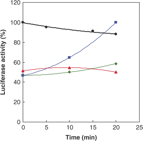 Figure 4. Activity of native (•, black) and denatured Firefly luciferase by GnHCl, in the absence (♦, green) or presence (▪, blue) of native and glycated Hsp70 (▴, red) at different time intervals. The activity of native enzyme (luciferase) was compared to the original activity and its activity in the other samples was compared to the maximum recovery by normal Hsp70 at 20 min.