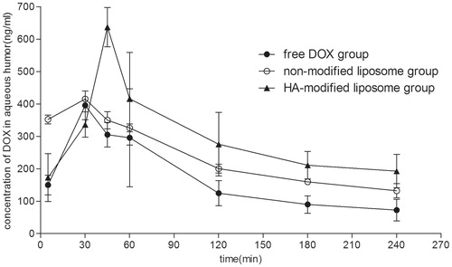 Figure 8. Concentration–time profles of DOX in aqueous humor after instillation of 0.5 mg/mL DOX liposome preparation and DOX solution in rabbits (ng/mL, X ± SD, n = 4).