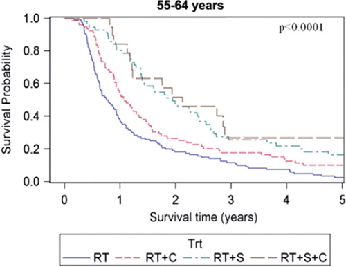Figure 4. Overall survival for different treatment combinations in patients aged 55–64 years.