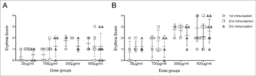 Figure 2. Injection site reactions. Scores corresponding to the injection site erythema size, measured 1 (A) and 2 (B) days after each vaccination, are plotted for subjects of cohorts that received 500 μg to 30 μg DNA vaccine. Note that the cohort which received 1 mg of DNA vaccine received 2 injections of 500 μg to both forearms. Scores of 1, 2, 3 and 4 were given for erythema measuring ∼0.5, ∼1.0, ∼1.5 and >1.5 cm, respectively.