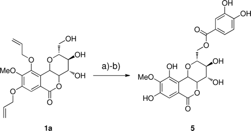 Scheme 2.  Reagents and conditions: (a) DIAD, P(Ph)3, 3,4-diallyloxy-protocatechuic acid, THF; (b) 10% Pd(PPh3)4, 20 equiv., morpholine, THF.