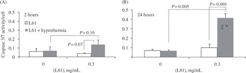 Figure 3. Caspase 3/7 activity. Data are normalised by the cell counts: (A) 2 h after treatment; (B) 24 h after treatment. Data presented as Mean ± SD (standard deviation, n = 4). *Significant difference versus hyperthermia only; ‡significant difference versus Pluronic only (P < 0.05).