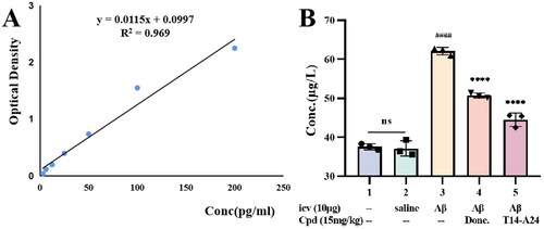 Figure 8. The Aβ1 − 42 total amount was quantified by using a mouse Aβ1 − 42 ELISA kit. (A) Standard curve; (B) Aβ1 − 42 total amount in mice brains of different groups. Calculate brain tissue Aβ1–42 content according to linear regression equation, data are presented as mean ± SEM (n = 8; ####p < 0.0001 (vs. control group), ***p < 0.001, ****p < 0.0001 vs. Aβ1–42 peptide model group).
