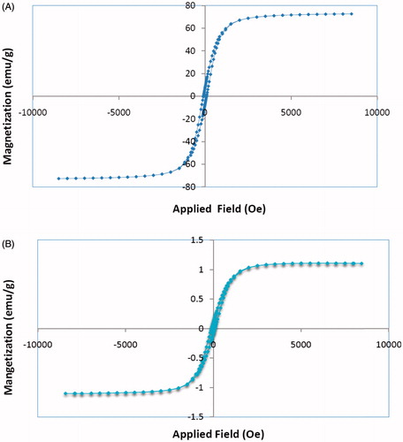 Figure 5. Magnetization curves of Fe3O4 magnetic nanoparticles (A) and cisplatin-loaded P(NIPAM-co-DMA)/Fe3O4 nanocomposite (B).