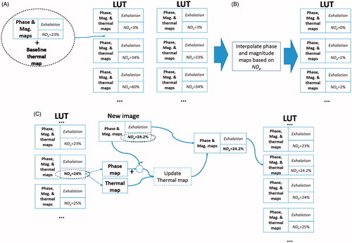Figure 3. Example flowchart for thermometry using the look-up table (LUT) for the exhalation phase. (A) During pre-filling time tP), each new phase image (and a baseline temperature map) is stored in the LUT where its index is the normalised position (NDp, in %) in the breathing phase. (B) At the end of pre-filling (t = tP), the LUT is updated with phase maps that are linearly interpolated between 0 and 100%. (C) After pre-filling (tP), when a new image arrives the closest entry in the LUT is located according to NDp. The phase difference map is calculated between the phase maps of the new image and the best entry in the LUT. An updated thermal map is calculated with this phase difference map and the thermal map associated to the closest entry in the LUT. The updated thermal map is associated to the new phase map and both are inserted in the LUT as new entries.