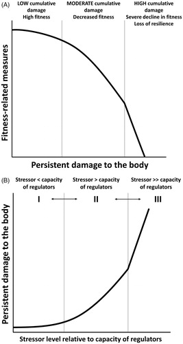 Figure 3. Predicted relationships between persistent damage and fitness-related measures (A) and the capacity of the anti-damage regulators and persistent damage (B). Persistent damage in these figures is a combination of damage caused by stressors as well as damage resulting from error processes of normal biological activities described in Figure 1. (A) Vertical lines represent thresholds between low, moderate, and high cumulative damage with increasing impact of damage onto fitness-related measures. These thresholds depict stress tolerance. (B) Zone I refers to when a stressor level is lower than the capacity of the anti-damage regulators to evade damage. Zone II refers to when a level of the stressors exceeds the capacity of the regulators where persistent damage starts to accumulate. When a level of the stressors significantly exceeds the capacity of the regulators, persistent damage accumulates at a faster rate (Zone III). Past exposure to the stressor and appropriate regulators for the stressors present in the current environment likely expands the scope of stressor avoidance and damage repair, shifting the thresholds between zones toward the right. However, if the regulator phenotype does not match the occurring stressor, then the thresholds shift toward the left and faster accumulation of damage occurs.