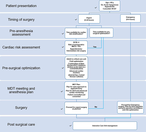 Figure 2 Clinical care pathway for our patient taking into consideration guidelines and recommendations for management of a cardiac patient presenting for non-cardiac surgery from the American Heart Association, American College of Cardiology, European Society of Cardiology and Canadian Cardiovascular Society. Additionally, we used input from a multidisciplinary team meeting with the surgical team and senior anaesthetists to make our decision. The black ticks highlight our steps in each phase of the patient’s care.