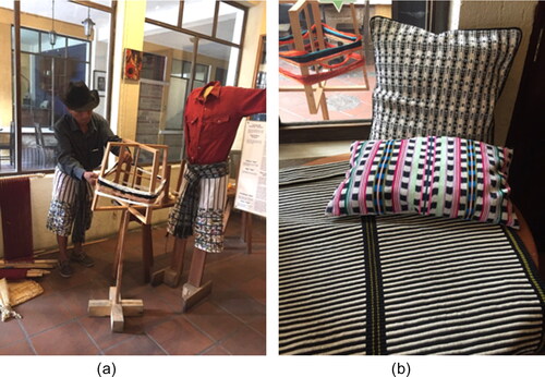 Figure 4 a & b. Images of Cojolya’s store and museum in Santiago Atitlán, including an image of an artisan preparing a warp and woven products. Photographs by K. Townsend, 2018.