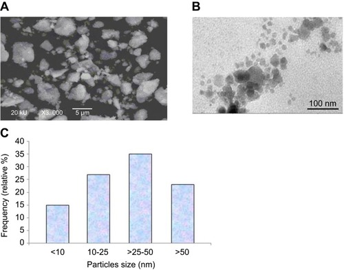 Figure 1 Characterization of yttria-stabilized zirconia (ZrO2/Y2O3) nanoparticles. (A) Scanning electron microscopy (SEM) image of yttria-stabilized zirconia nanoparticles. (B) Transmission electron microscopy (TEM) image of yttria-stabilized zirconia nanoparticles. (C) Frequency (%) of yttria-stabilized zirconia nanoparticles size distribution.