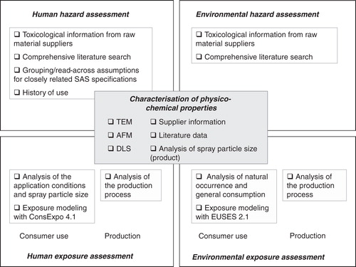 Figure 1. Overview on the methodological approach and building blocks of the risk assessment. Methods mentioned in detail indicate experimental analyses performed in this case study.