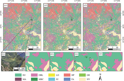 Figure 11. Spatial distributions of vegetation types in the study area classified by Conv1D (a1), GoogLeNet (a2), and CGNet (a3). A local map of classification results: High-resolution drone image (b1), Visual interpretation (b2), Conv1D (b3), GoogLeNet (b4), CGNet (b5).