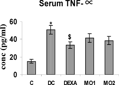 FIG. 1 Serum TNFα levels in rats. *Value significantly different from non-arthritic control (p < 0.001); value different from TDI-controls ($ p < 0.05). Values shown are the mean ± SEM from non-sensitized controls, sensitized controls (DC), and treatment regimen rats (DEXA = dexamethasone; MO1 = MOEE 100 mg/kg; MO2 = MOEE 200 mg/kg; n = 8 rats/group).