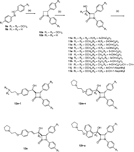 Scheme 1 Synthesis of β-lactams 12a–u. Scheme Reagents: (a) CH3CH2OCOCH2Br, Zn, TMCS, Benzene, reflux, 6h. (b) aldehyde/ketone, LDA, THF, 78°C, 30min. (c) R3R4N-CH2CH2Cl, Acetone, reflux, 2 h.