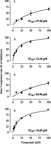 Figure 2.  Concentration-response curves for the effects of cubebin and derivatives on state 3 respiration rate of isolated Hamster liver mitochondria (1.5 mg protein), incubated at 30°C with 2.5 mM glutamate + 2.5 mM malate, in a standard medium containing 125 mM sucrose, 65 mM KCl and 10 mM HEPES-KOH, pH 7.4, in presence of 0.5 mM EGTA and 10 mM K2HPO4, in a final volume of 1.8 mL. State 3 respiration was initiated with 720 nmol ADP. Data are mean ± SD of three independent experiments. Percent of inhibition in relation to control: 57.84 ± 14.69 ng atoms O/min/mg protein. Respiratory control ratio: 4.40 ± 1.13; ADP/O: 1.41 ± 0.08.