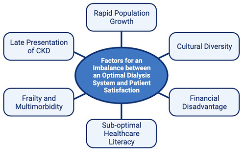 Figure 3 This figure demonstrates the factors that lead to an imbalance between an optimal healthcare system and patient satisfaction in the treatment of kidney failure. Rapid population growth in Sydney with increasing frailty multimorbidity, and cultural diversity are factors impacting service delivery in Western Sydney as well as most other high-resource healthcare systems across the world. Higher rates of sub-optimal healthcare literacy and financial disadvantage, have particularly negative impacts in the dialysis population, due to the complexity of the medical condition.