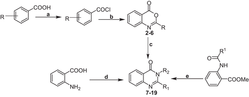Scheme 1.  General schematic synthesis of 2,3-disubstituted 3H-quinazolin-4-ones. Reagents and conditions: (a) thionyl chloride, DMF, reflux; (b) anthranilic acid, pyridine (dry), stir; (c) primary amine, pyridine/benzene, reflux 2–3 h; (d) triethylorthoacetate, para-toluenesulfonic acid (PTSA), primary amine, stir, r.t.; (e) primary amine, ethanol, reflux 2 h.