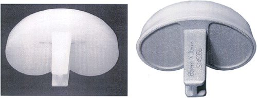 Figure 1. All-polyethylene and metal-backed tibia components of the AGC pros-thesis. Both are non-modular, have identical articulating surface and are similar underneath. Stem geometry is identical.
