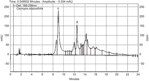 Figure 1.  UV-HPLC at 254 nm of Cecropia obtusifolia (1) chlorogenic acid and (2) isoorietin.
