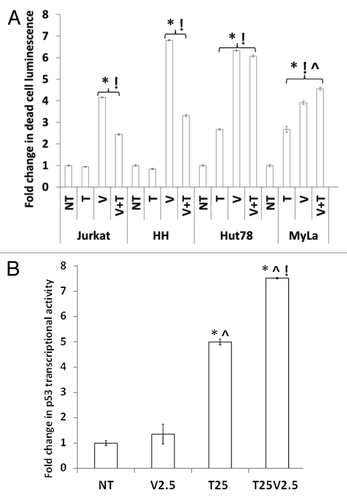 Figure 5. Effects of combined class I/II and class III HDACIs in CTCL. (A) Combination of different classes of HDACIs results in more cell death in wtp53 MyLa than either single agent. Statistical significance (P < 0.05) when compared with no treatment control (*), 25 μM tenovin-1, (!) and 5 μm vorinostat (^). (B) Increased transcriptional activity of p53 in the wtp53 MyLa CTCL line was greatest with combination of both classes of HDACIs. The histogram represents statistical significance when compared with no treatment control (*), 25 μM tenovin-1, (!) and 5 μm vorinostat (^) in 3 experiments with similar results (P < 0.05).