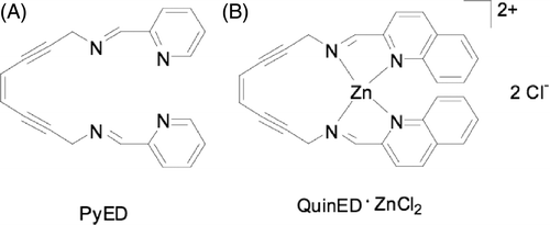 Figure 1. The structure of the novel enediyne compounds. (A) PyED; (B) QuinED · ZnCl2.
