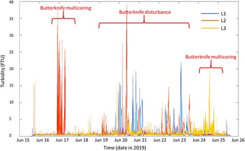Figure 4. Turbidity measurements from three benthic landers positioned around the Butterknife. Benthic landers 1, 2 and 3 are labelled L1, L2 and L3, respectively. Lander 1 was positioned closest to the Butterknife and Lander 3 was furthest (see Figure 2). Red labels indicate the time at which sampling and disturbance events took place. FTU = Formazin Turbidity Unit (Nodder et al. Citationin prep; see also Clark et al. Citation2019).